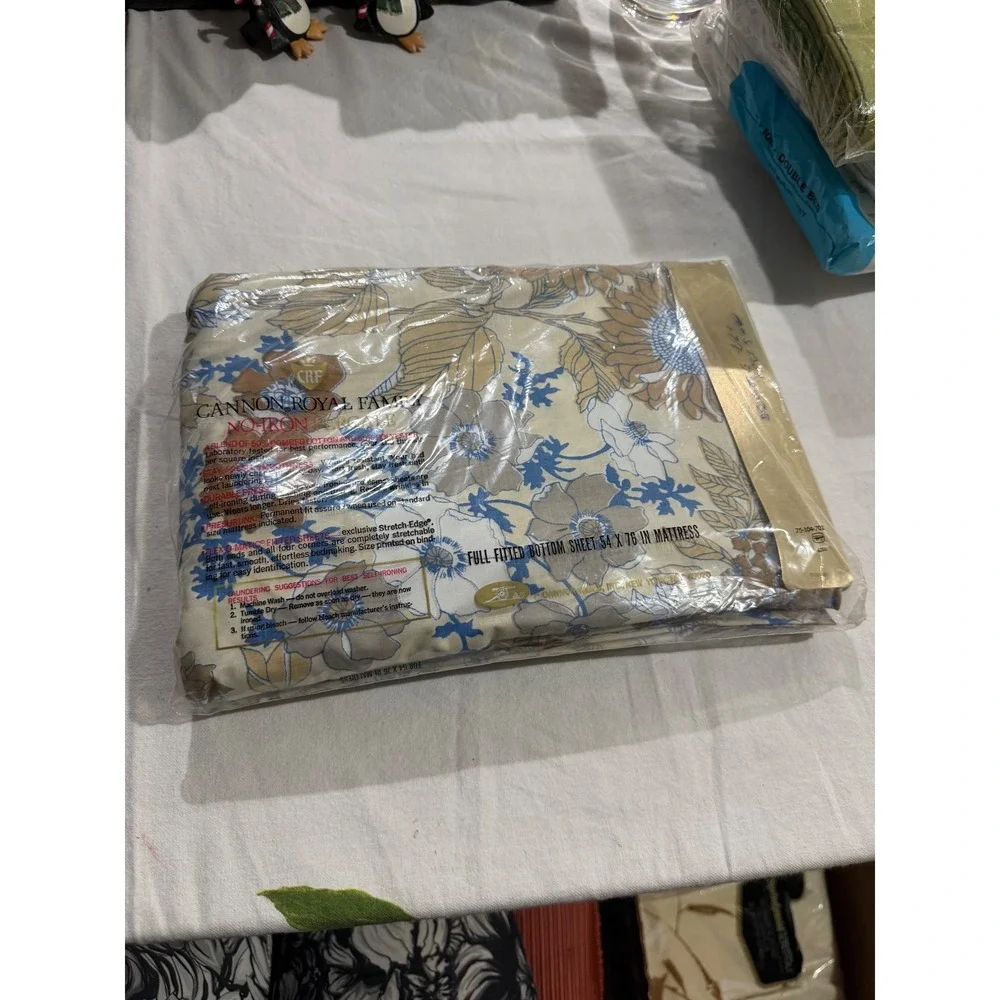 Vintage Cannon Royal Family Full Fitted Sheet Floral‎ Percale No Iron Blue Brown